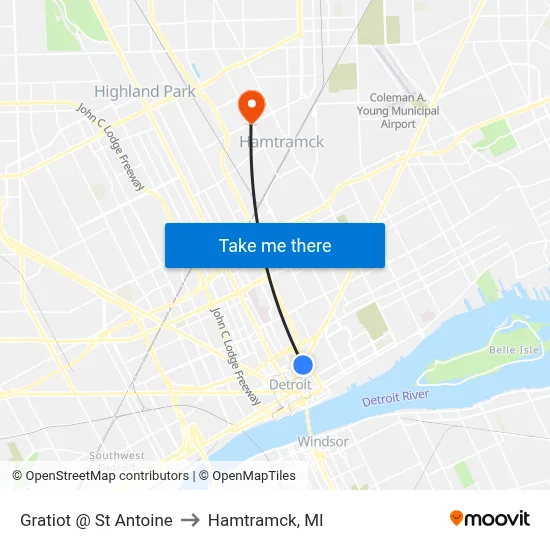Gratiot @ St Antoine to Hamtramck, MI map