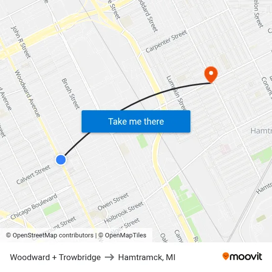 Woodward + Trowbridge to Hamtramck, MI map
