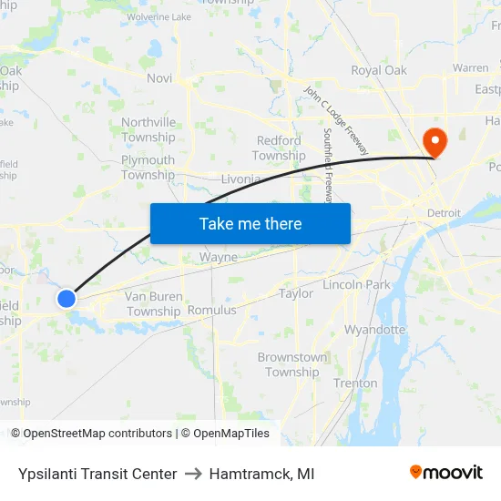 Ypsilanti Transit Center to Hamtramck, MI map