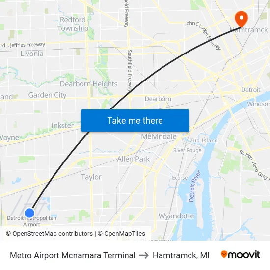 Metro Airport Mcnamara Terminal to Hamtramck, MI map