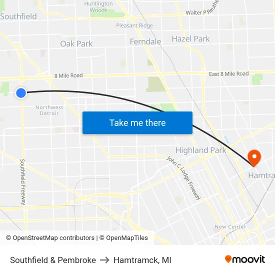 Southfield & Pembroke to Hamtramck, MI map
