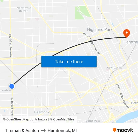 Tireman & Ashton to Hamtramck, MI map