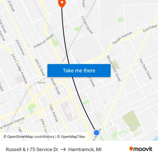 Russell & I-75 Service Dr to Hamtramck, MI map