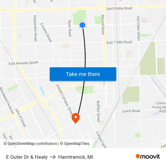 E Outer Dr & Healy to Hamtramck, MI map