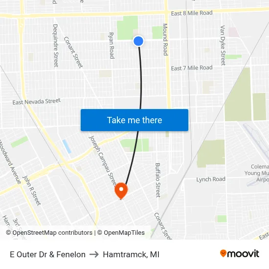 E Outer Dr & Fenelon to Hamtramck, MI map