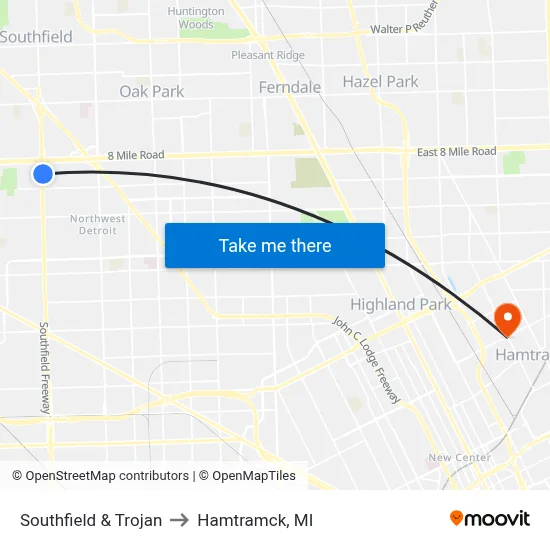 Southfield & Trojan to Hamtramck, MI map