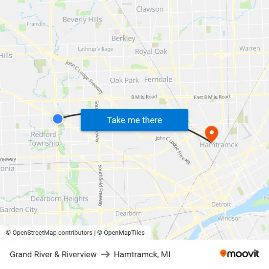 Grand River & Riverview to Hamtramck, MI map