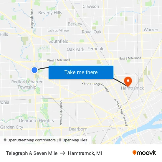 Telegraph & Seven Mile to Hamtramck, MI map