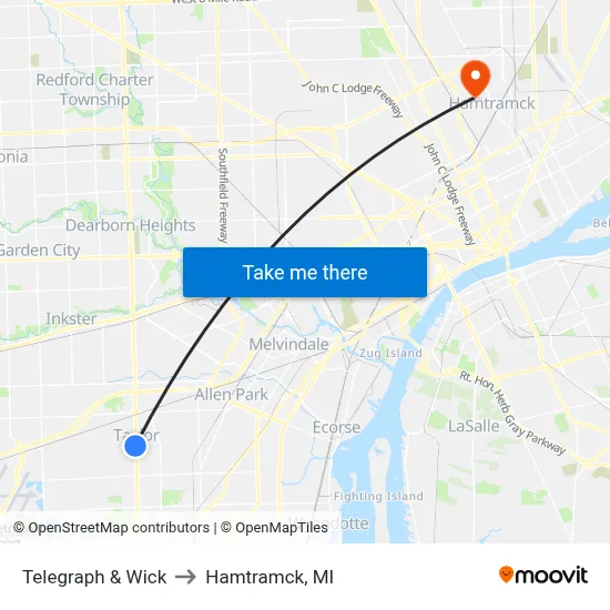 Telegraph & Wick to Hamtramck, MI map
