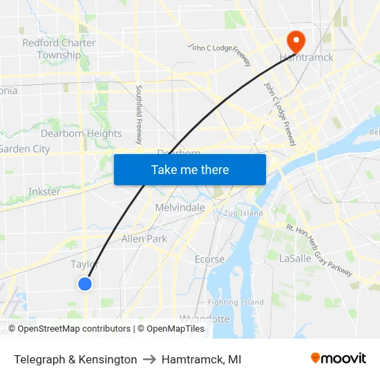 Telegraph & Kensington to Hamtramck, MI map