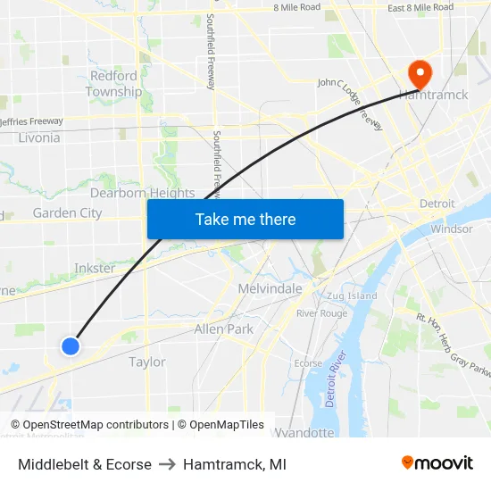 Middlebelt & Ecorse to Hamtramck, MI map