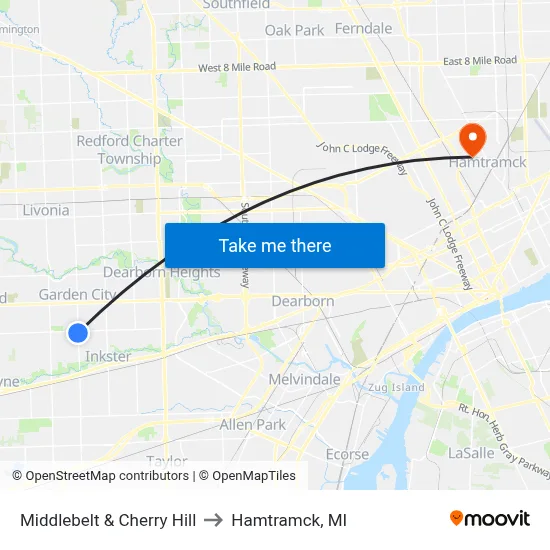 Middlebelt & Cherry Hill to Hamtramck, MI map