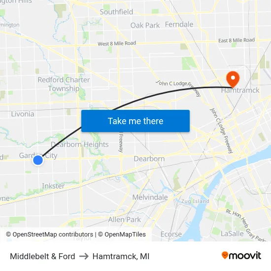 Middlebelt & Ford to Hamtramck, MI map