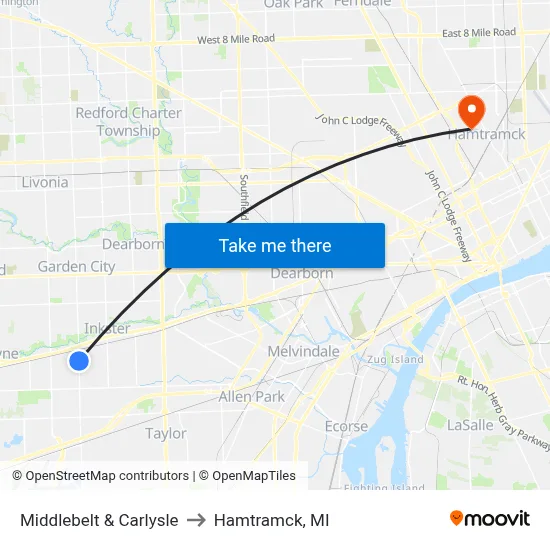 Middlebelt & Carlysle to Hamtramck, MI map