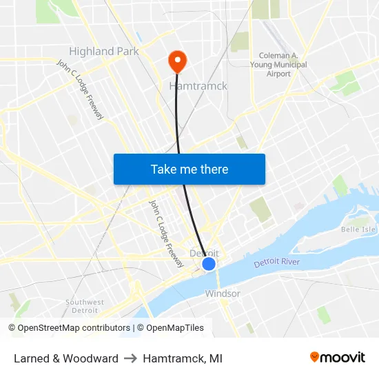 Larned & Woodward to Hamtramck, MI map