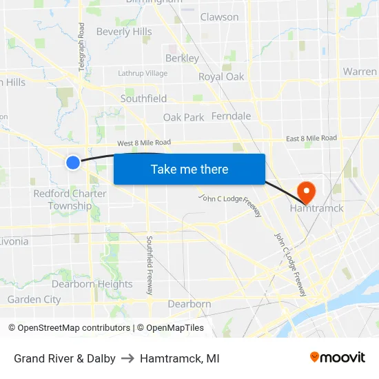 Grand River & Dalby to Hamtramck, MI map