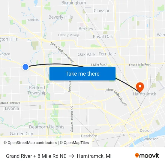 Grand River & 8 Mile Road NE to Hamtramck, MI map