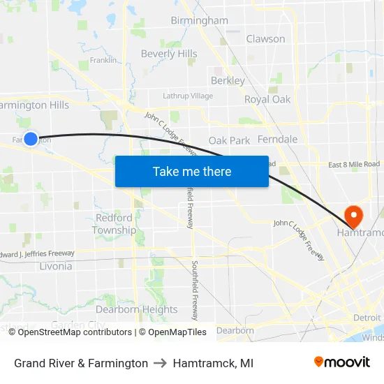 Grand River & Farmington to Hamtramck, MI map