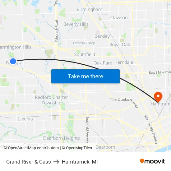 Grand River & Cass to Hamtramck, MI map
