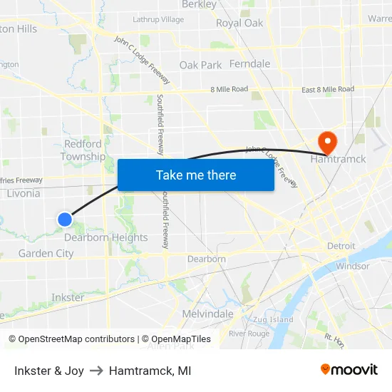 Inkster & Joy to Hamtramck, MI map