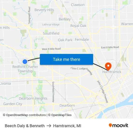 Beech Daly & Benneth to Hamtramck, MI map
