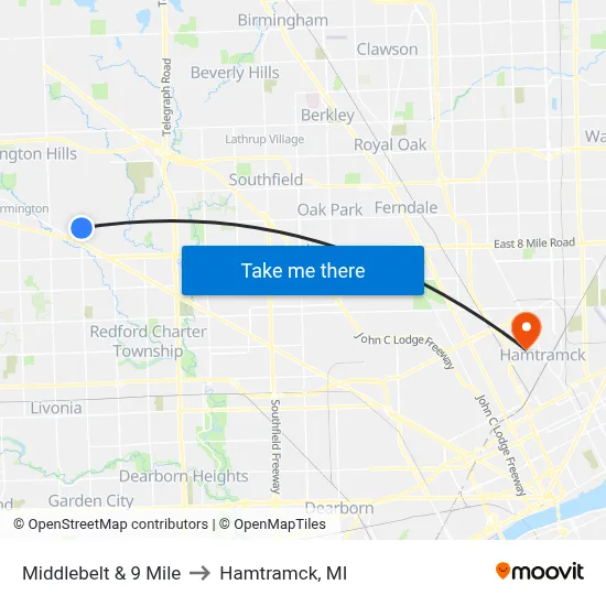 Middlebelt & 9 Mile to Hamtramck, MI map