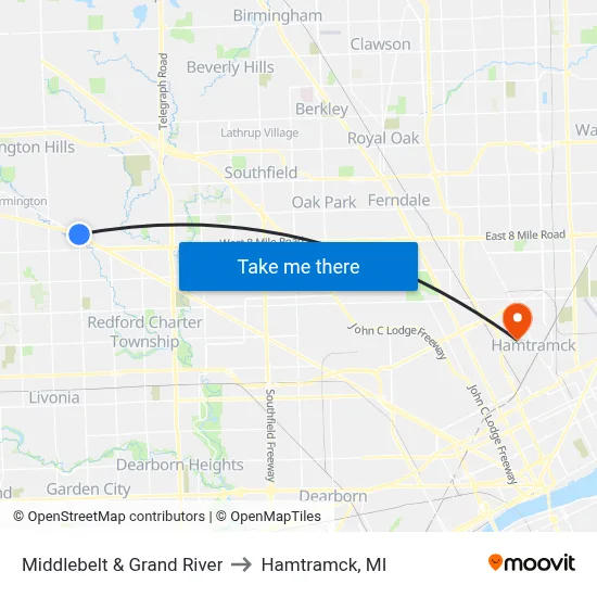 Middlebelt & Grand River to Hamtramck, MI map