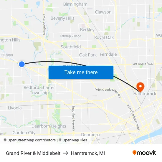 Grand River & Middlebelt to Hamtramck, MI map