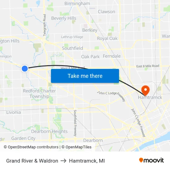 Grand River & Waldron to Hamtramck, MI map
