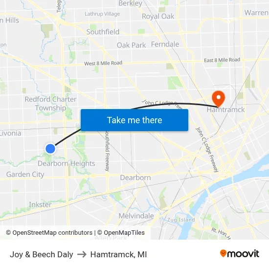 Joy & Beech Daly to Hamtramck, MI map