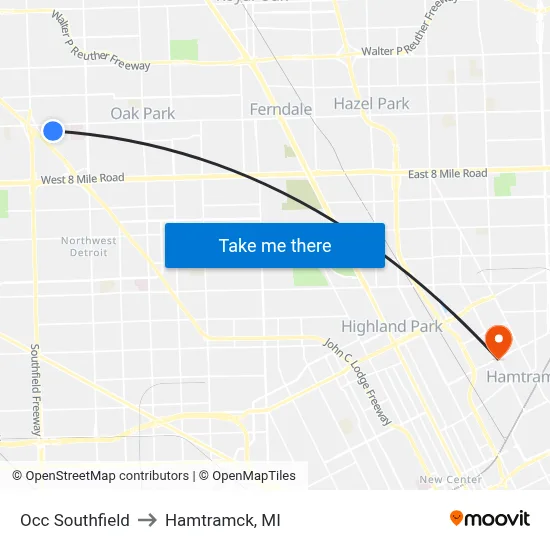 Occ Southfield to Hamtramck, MI map