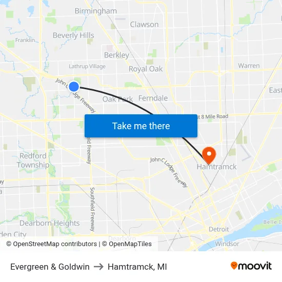 Evergreen & Goldwin to Hamtramck, MI map