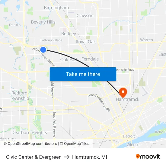 Civic Center & Evergreen to Hamtramck, MI map