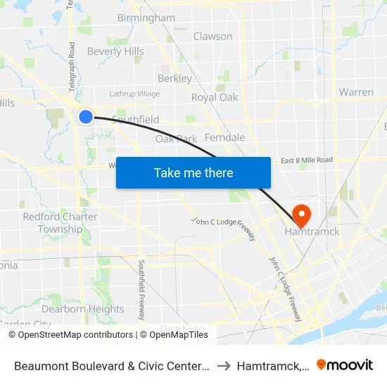 Beaumont Boulevard & Civic Center Drive to Hamtramck, MI map