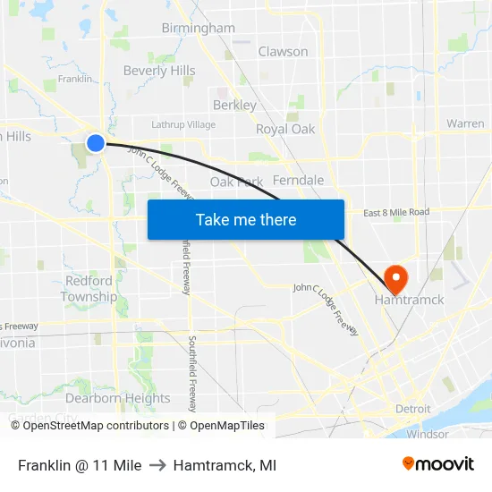 Franklin @ 11 Mile to Hamtramck, MI map