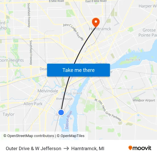 Outer Drive & W Jefferson to Hamtramck, MI map