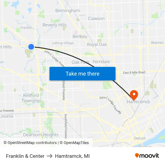 Franklin & Center to Hamtramck, MI map
