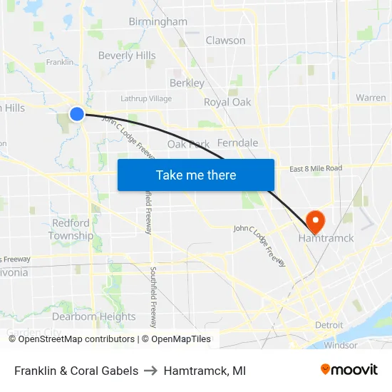 Franklin & Coral Gabels to Hamtramck, MI map
