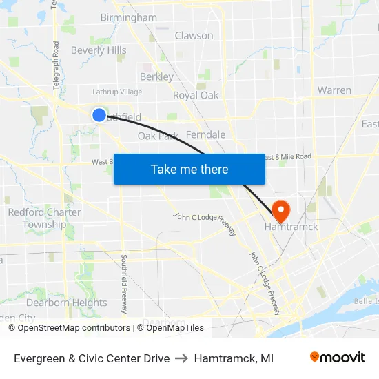 Evergreen & Civic Center Drive to Hamtramck, MI map
