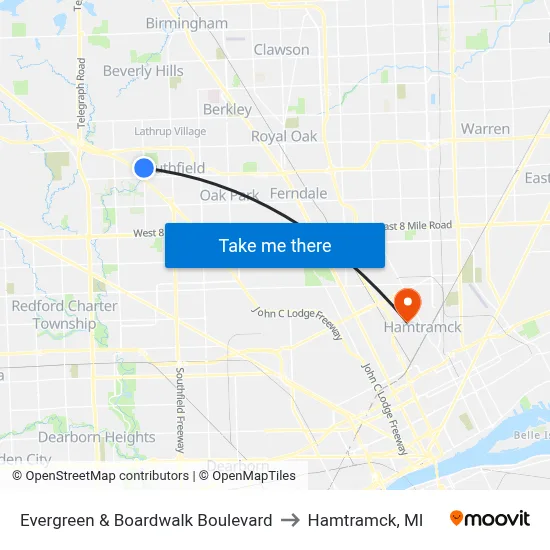Evergreen & Boardwalk Boulevard to Hamtramck, MI map