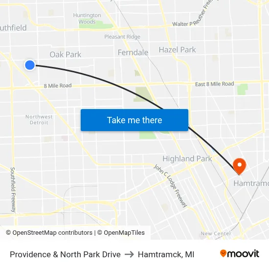 Providence & North Park Drive to Hamtramck, MI map