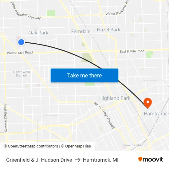 Greenfield & Jl Hudson Drive to Hamtramck, MI map