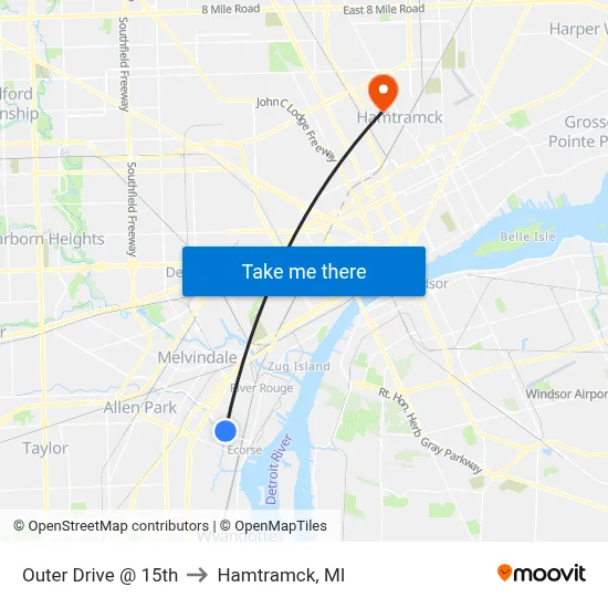 Outer Drive @ 15th to Hamtramck, MI map