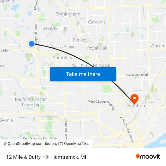 12 Mile & Duffy to Hamtramck, MI map