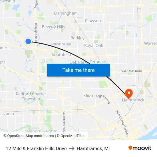 12 Mile & Franklin Hills Drive to Hamtramck, MI map
