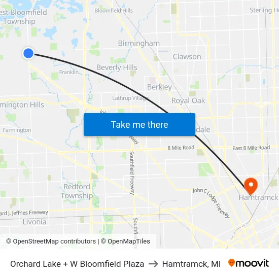 Orchard Lake & W Bloomfield Plaza to Hamtramck, MI map
