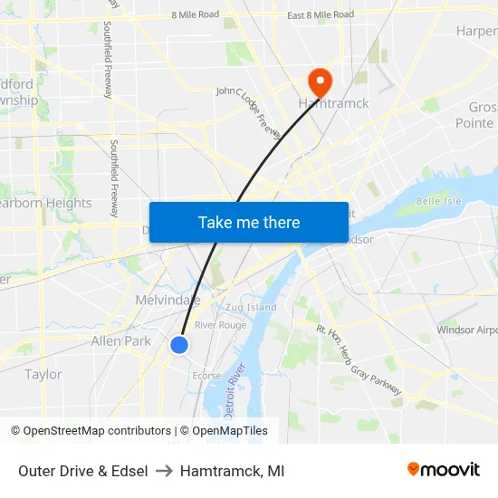 Outer Drive & Edsel to Hamtramck, MI map
