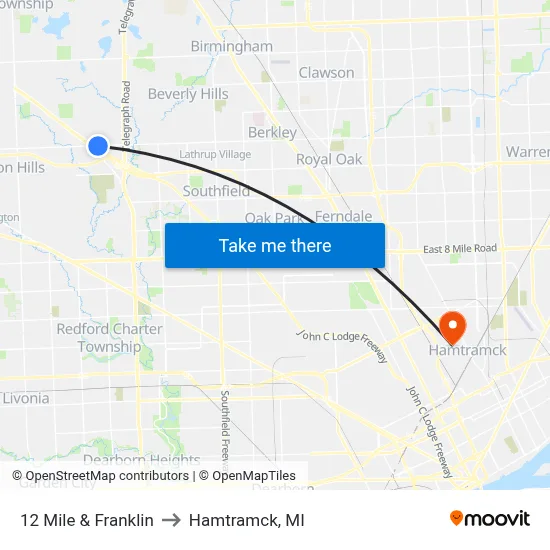 12 Mile & Franklin to Hamtramck, MI map