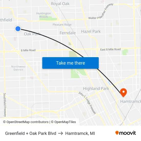 Greenfield & Oak Park Boulevard to Hamtramck, MI map