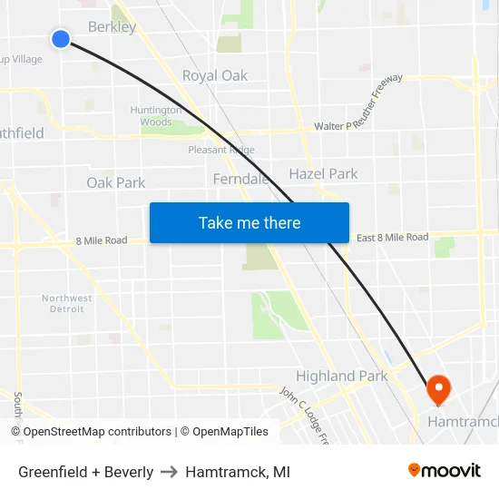 Greenfield & Beverly to Hamtramck, MI map